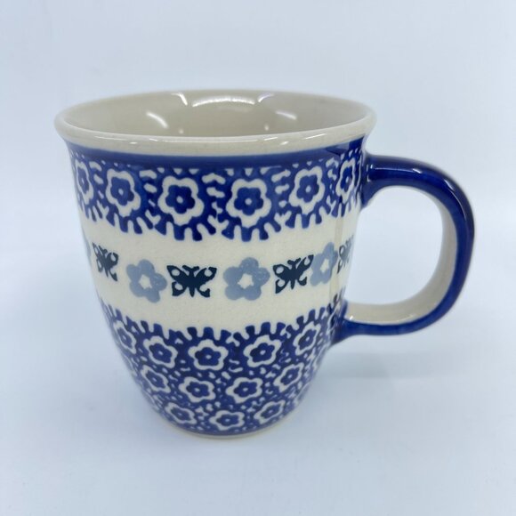 vintage boleslawcu polish pottery mug "blue butterfly" pattern handcrafted - Picture 1 of 6